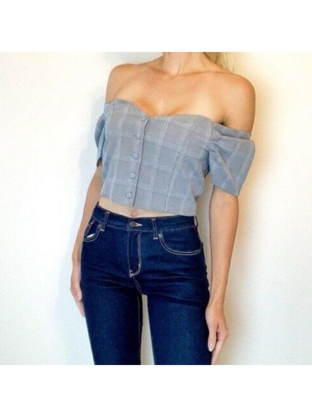 Sensemill Gray Plaid Crop Top, Size M